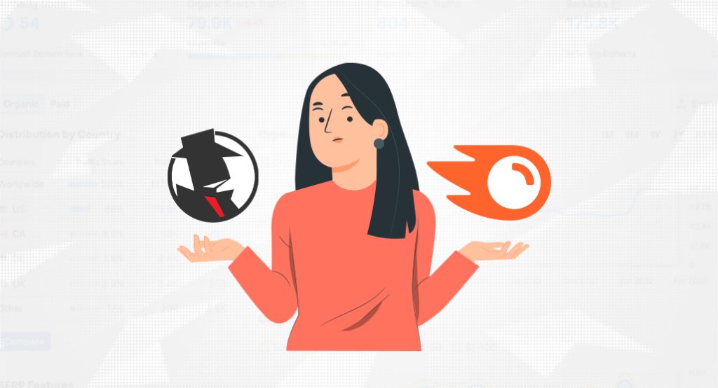 Person choosing between SpyFu and Semrush logos