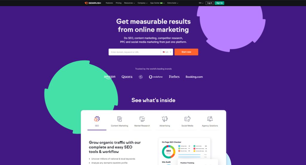 Semrush dashboard showing SEO analytics data