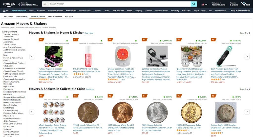 Amazon Movers and Shakers trending products page