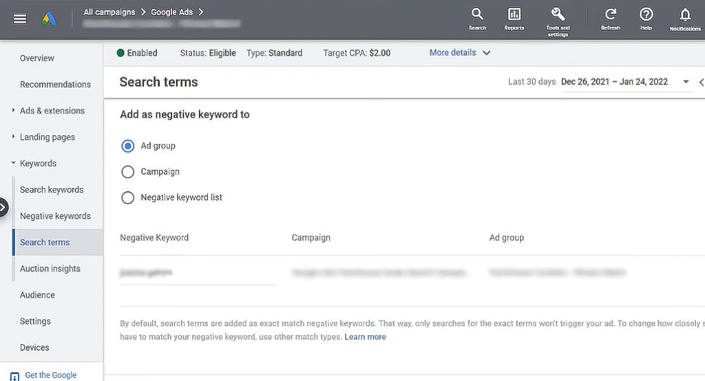 Google Ads negative keywords campaign settings interface