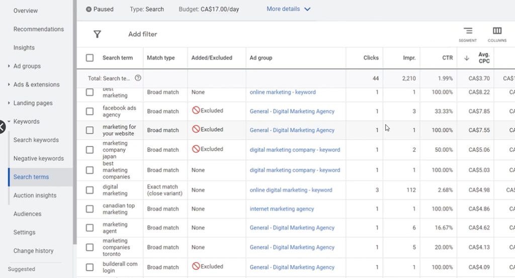 Keyword research tool showing search terms report