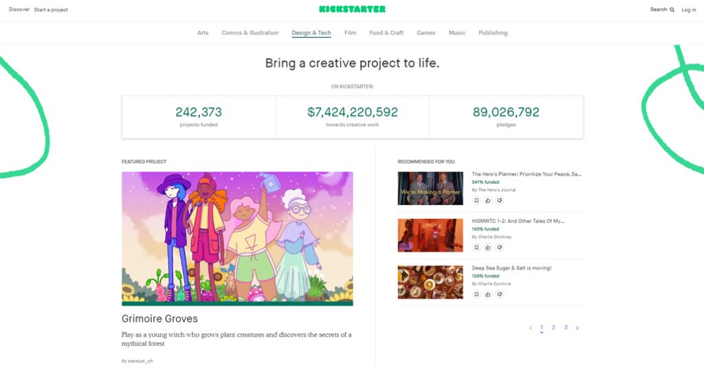 Kickstarter crowdfunding platform homepage screenshot