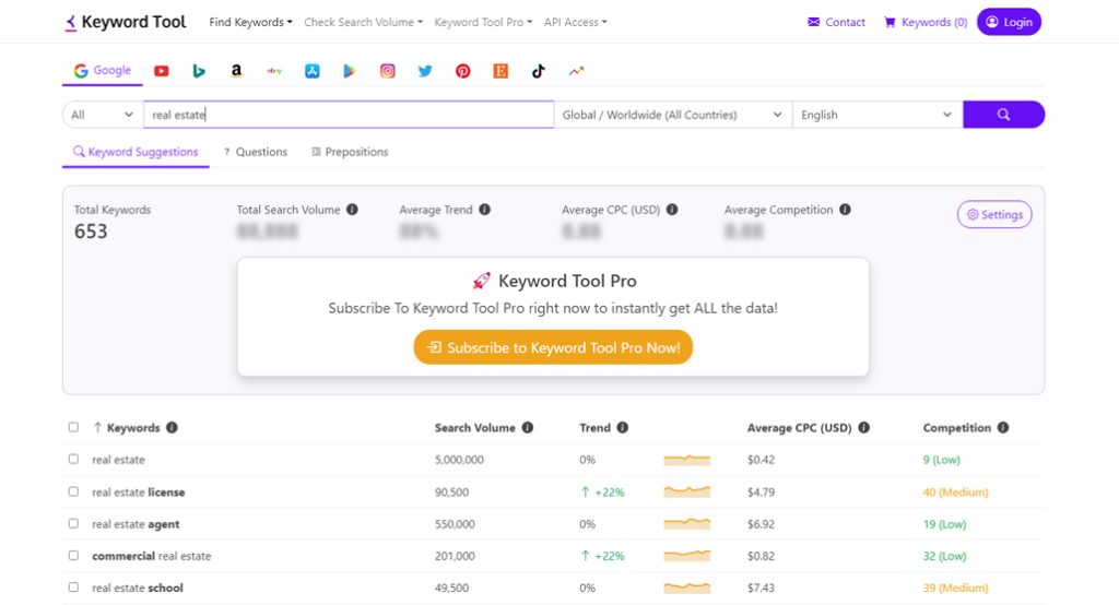 Keyword Tool interface showing search results