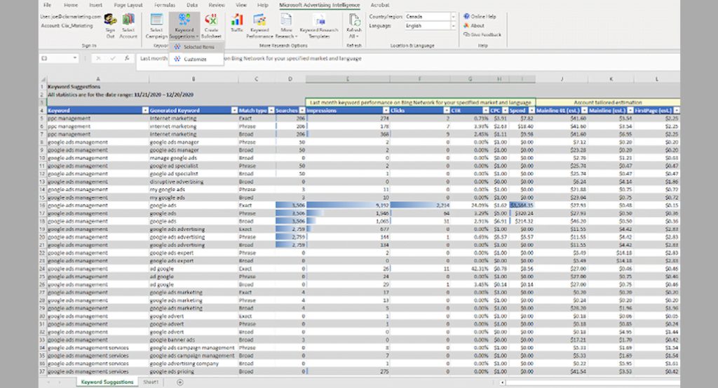 Microsoft Keyword Planner tool interface screenshot