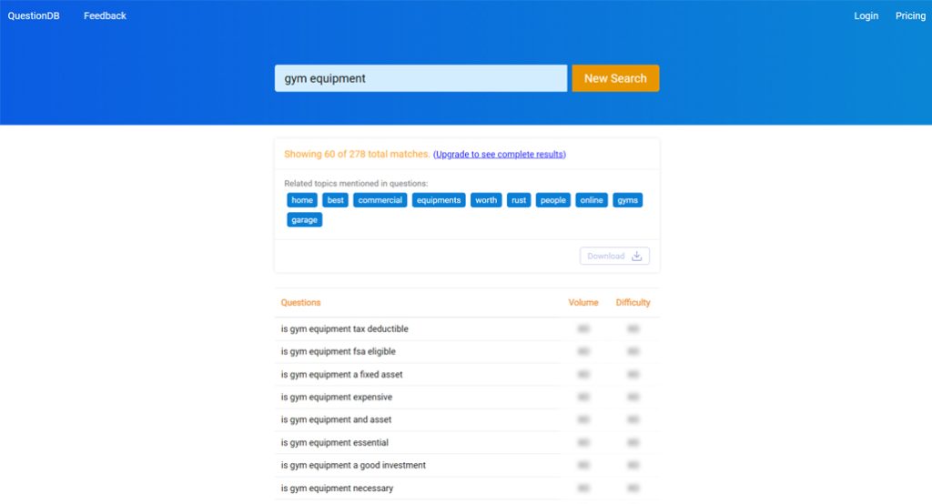 QuestionDB keyword research tool interface screenshot