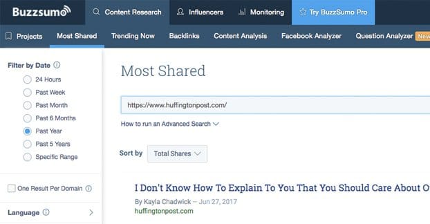 BuzzSumo dashboard showing content search results