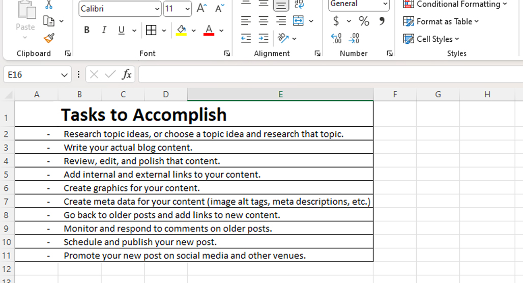 Checklist of daily blogging tasks listed