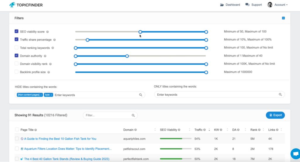 Topicfinder keyword research tool interface screenshot