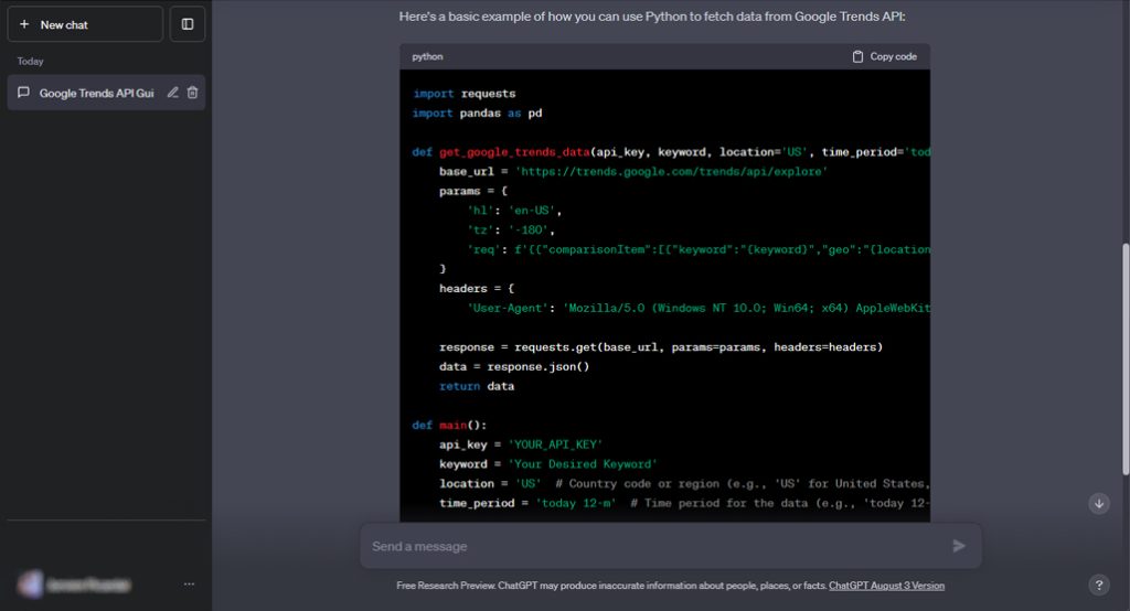 ChatGPT coding a Google Trends scraper