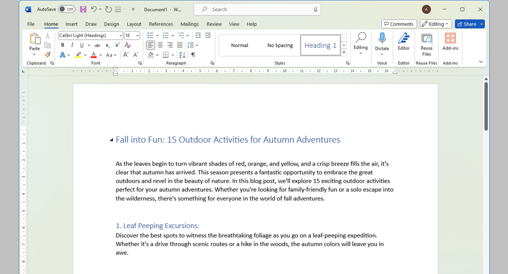 Seasonal blog post template layout example