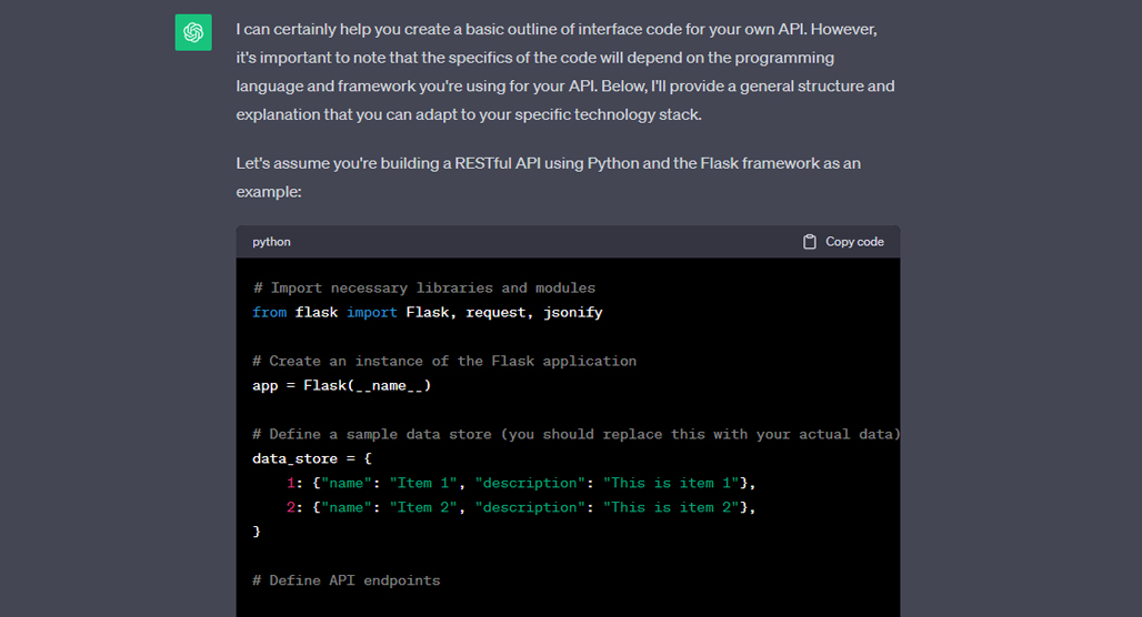 Custom ChatGPT interface code example screenshot