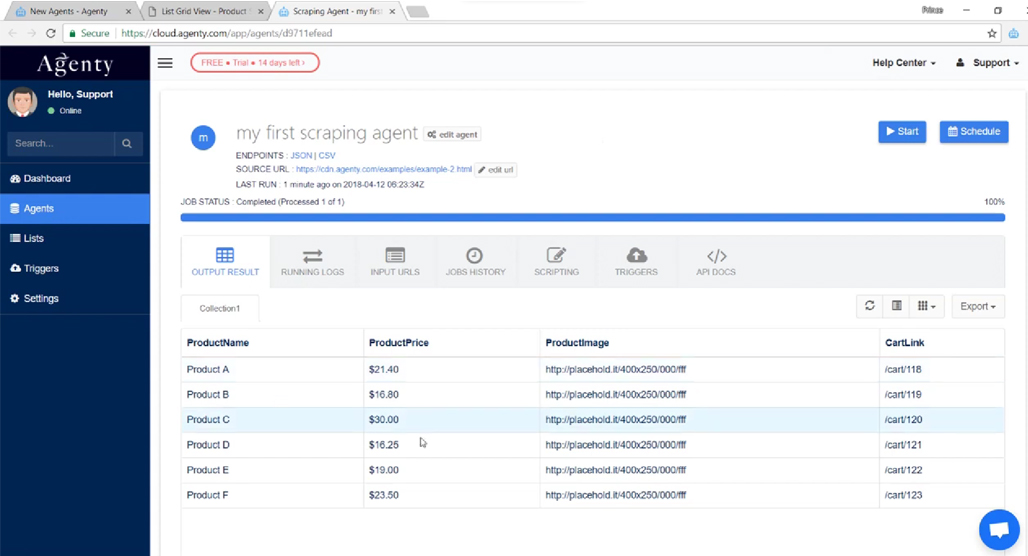 Agenty web scraping tool interface screenshot