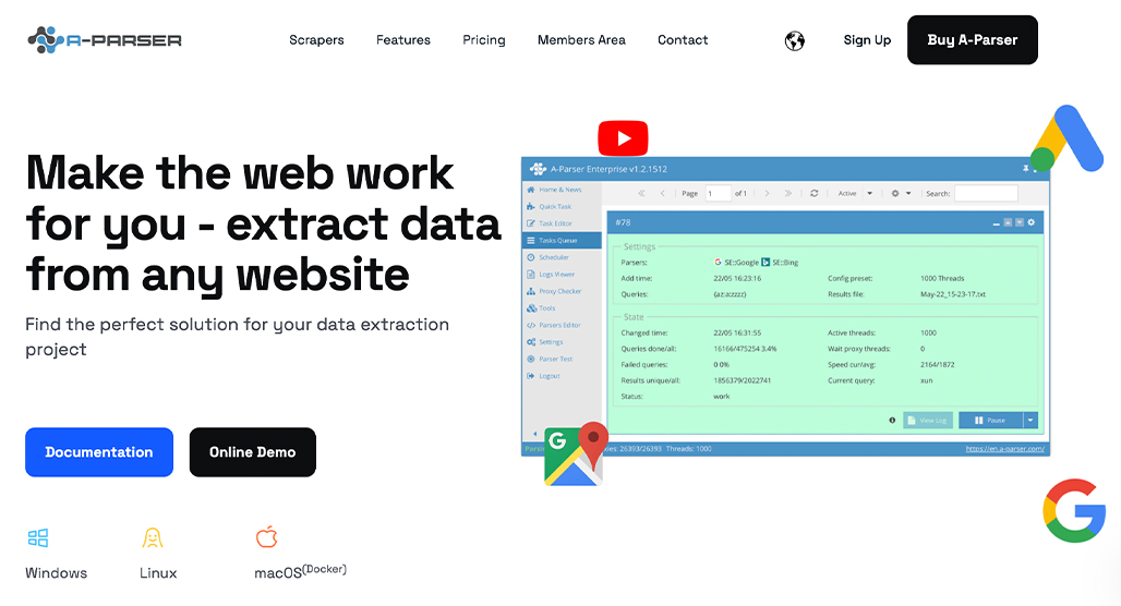 A-Parser web scraping tool interface screenshot