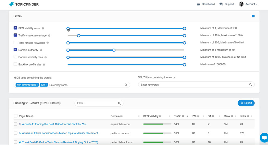 Keyword filter settings for achievable topics