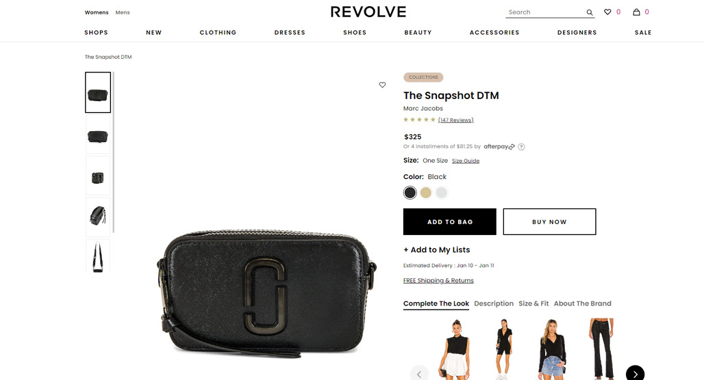 Product variations displayed on shopping website