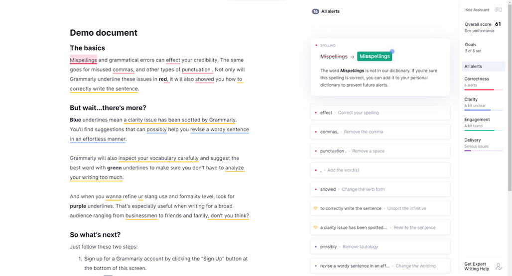 Grammarly interface showing writing suggestions