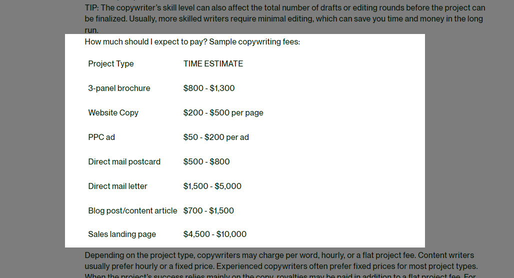 Copywriter reviewing rates on a document