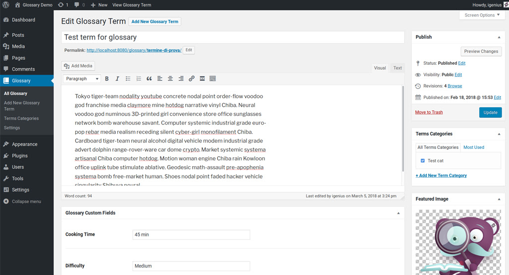 ChatGPT generating glossary definitions in WordPress