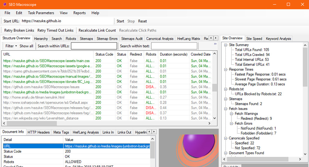 SEO Macroscope website crawl interface screenshot