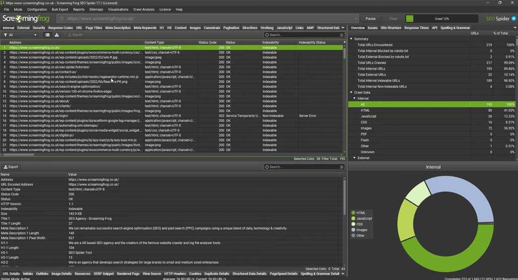 Screaming Frog SEO Spider tool interface