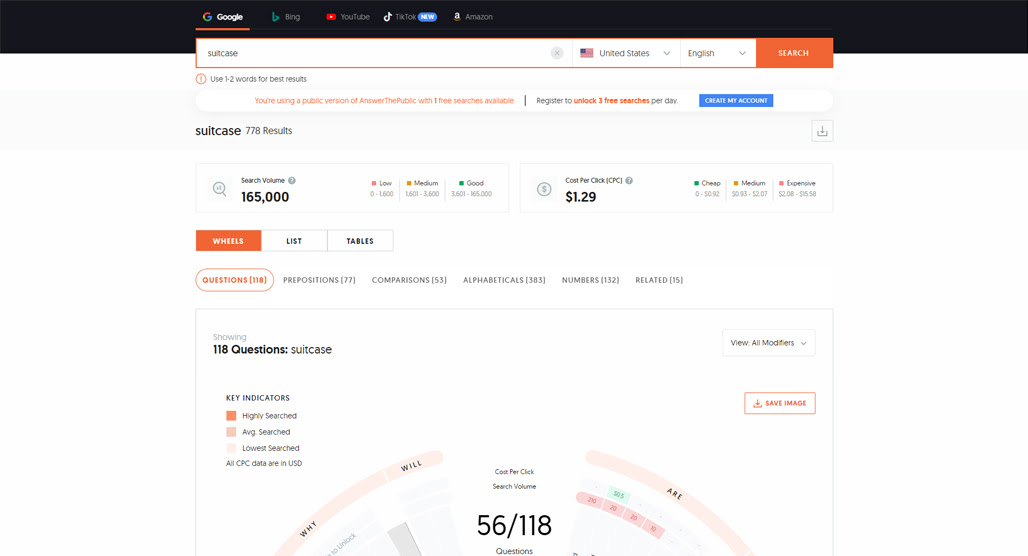 Answer the Public keyword research tool interface