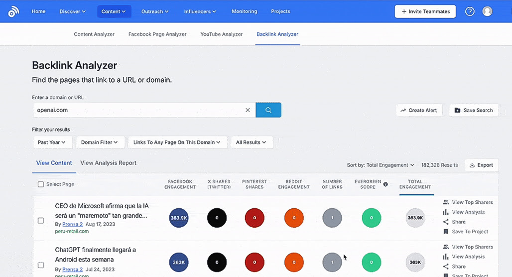 BuzzSumo content research and analysis dashboard