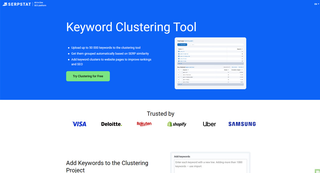 Keyword clustering platform dashboard interface overview