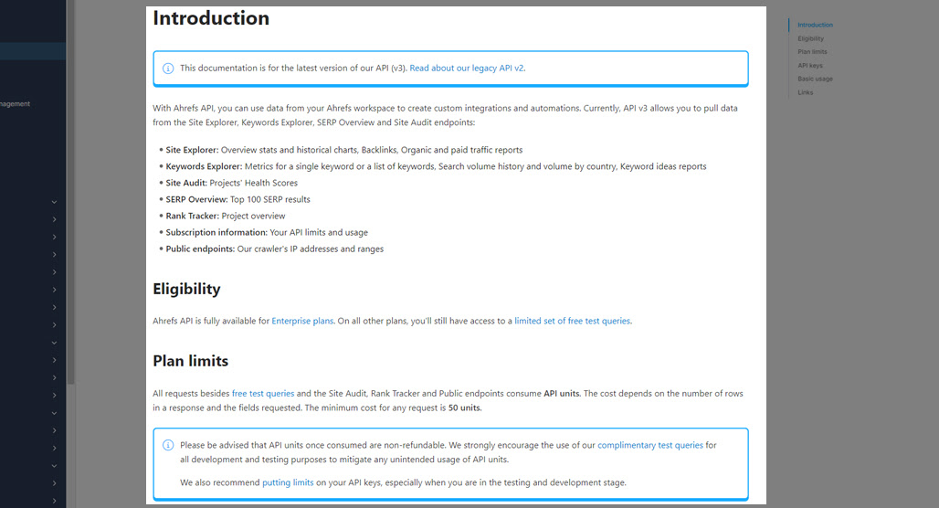 Ahrefs API data dashboard interface screenshot