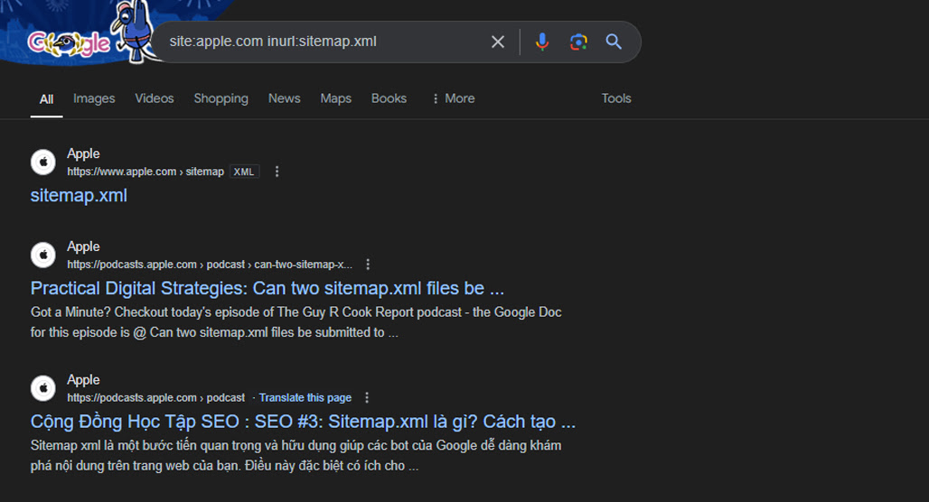 Google search bar with sitemap query