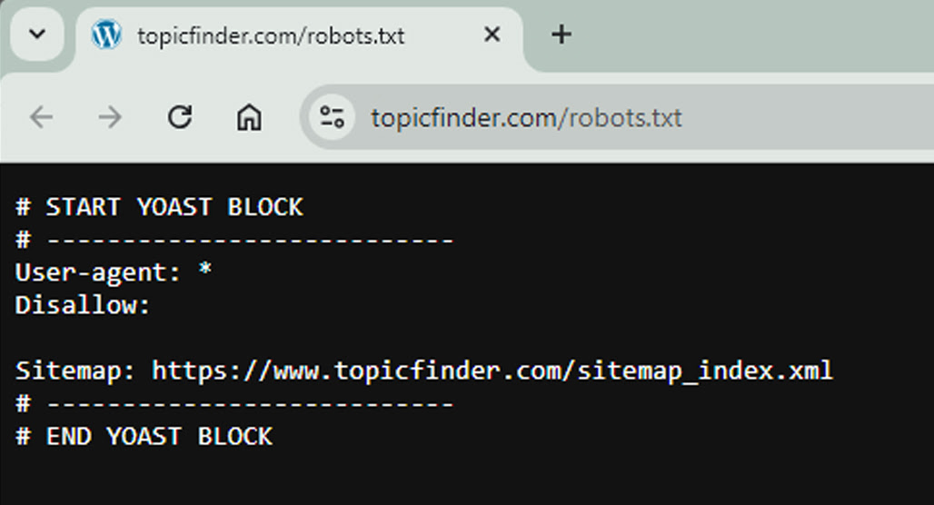 Robots.txt file showing sitemap location