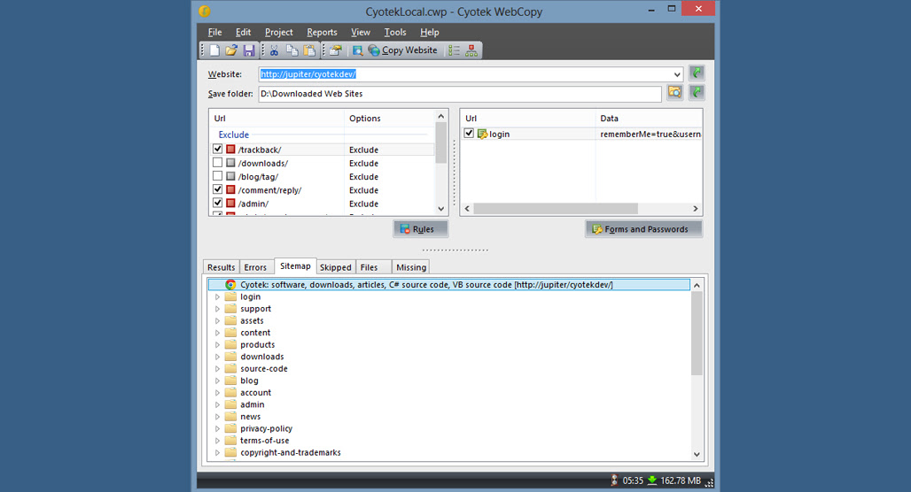 Cyotek WebCopy website scraping software interface