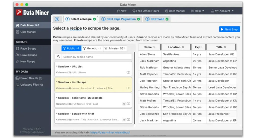 Data Miner web scraping tool interface screenshot