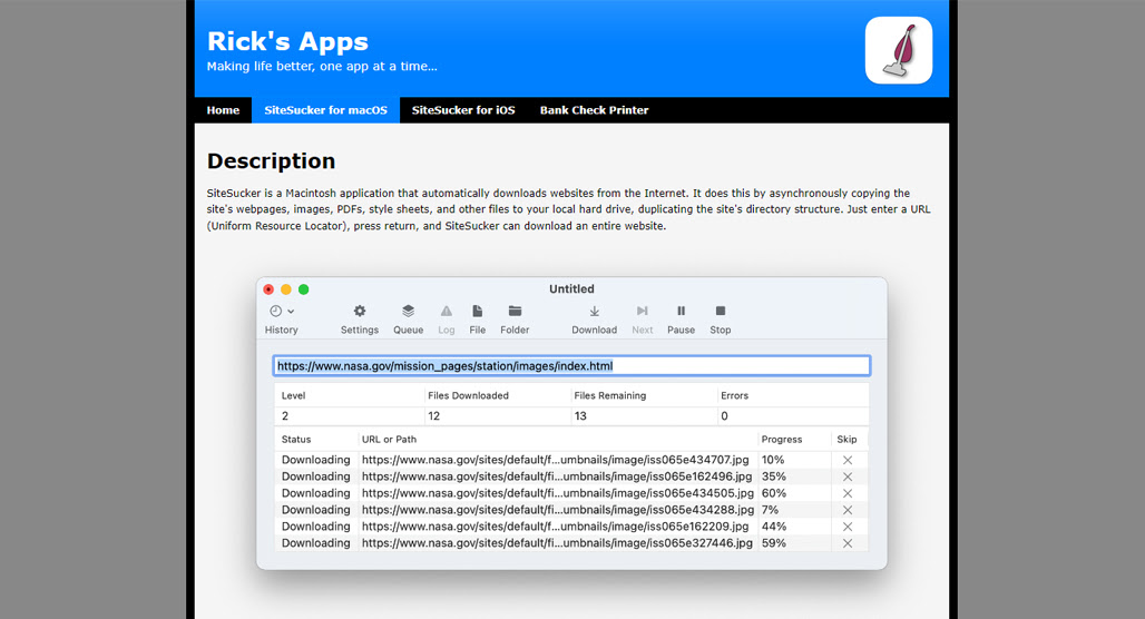 SiteSucker website scraping application interface