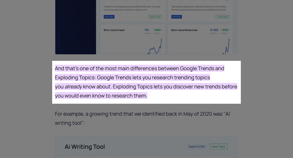 Exploding Topics versus Google Trends comparison chart