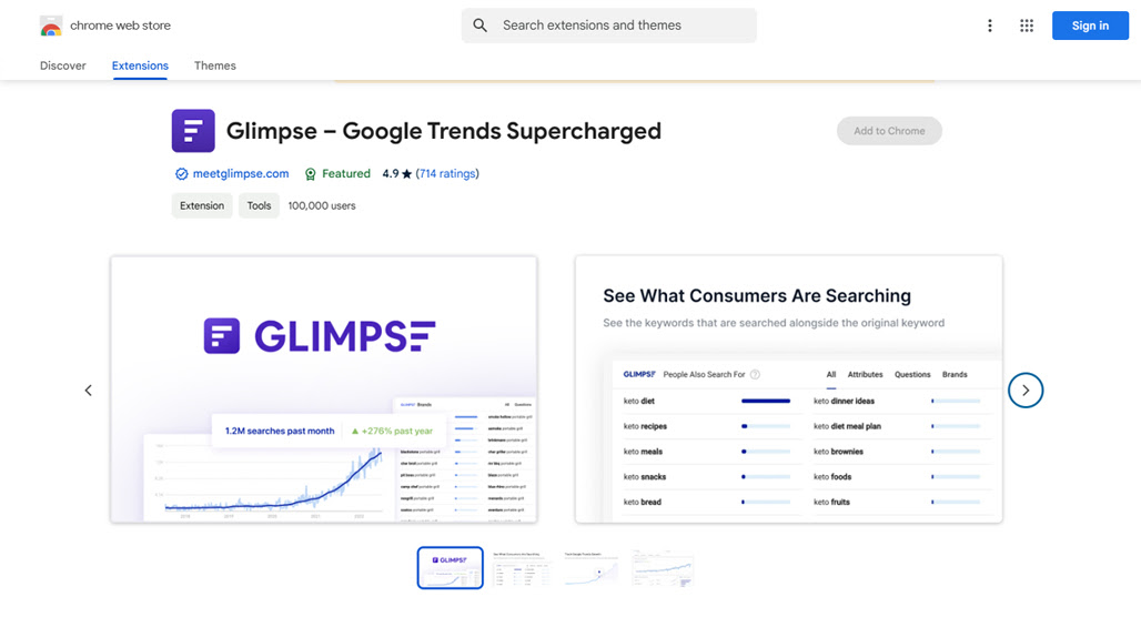 Glimpse Trends dashboard showing keyword data