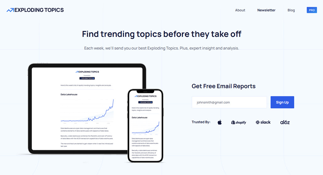 Exploding Topics dashboard showing trending topics
