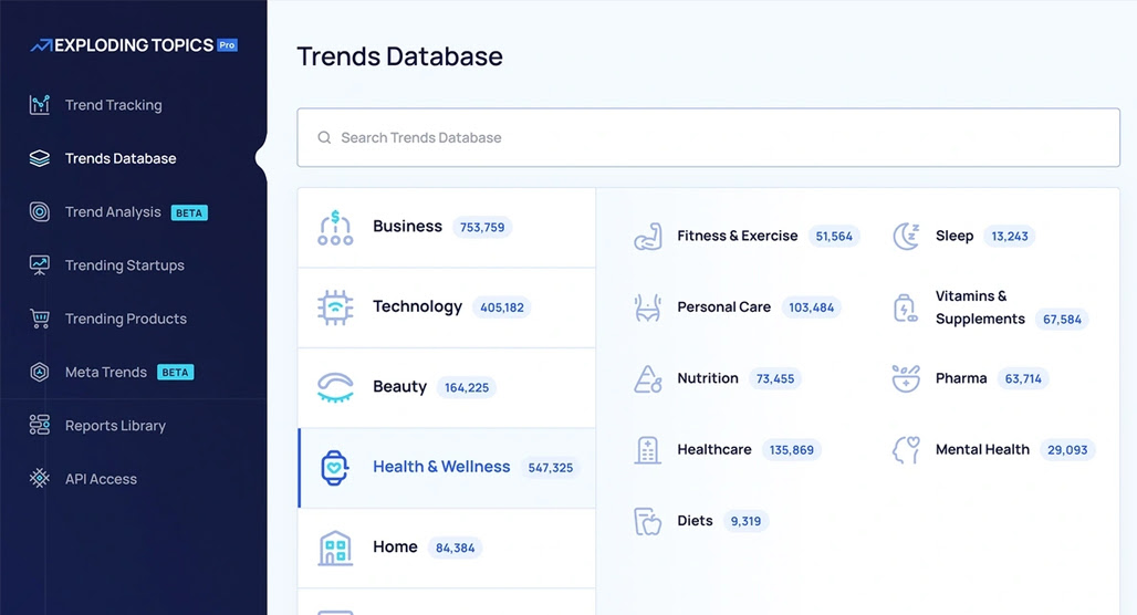Exploding Topics dashboard showing trending topic results