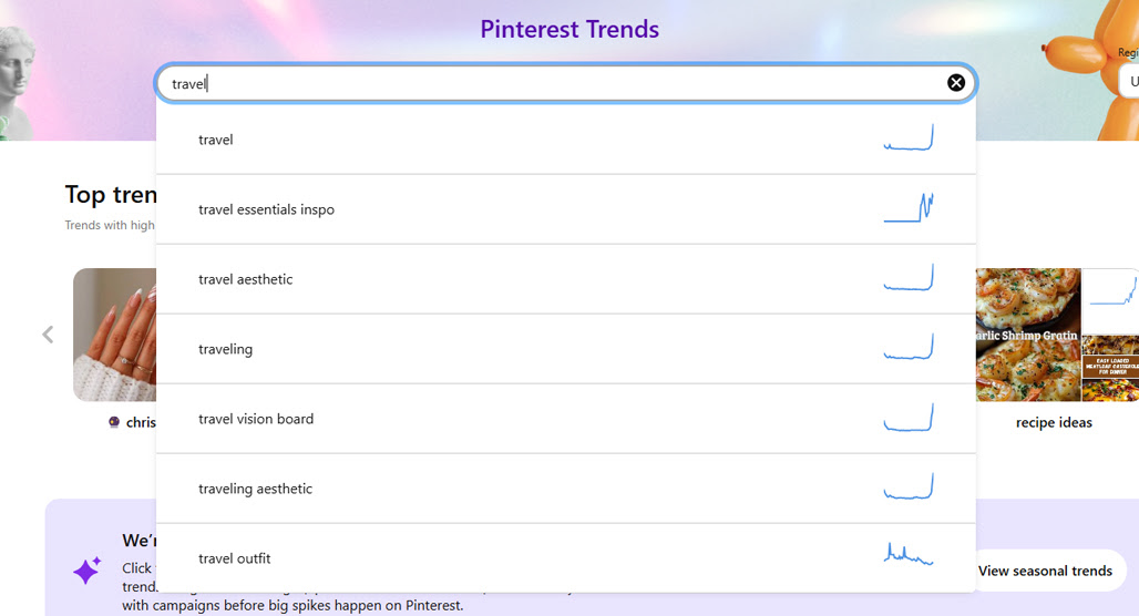 Pinterest Trends dashboard showing search data graph