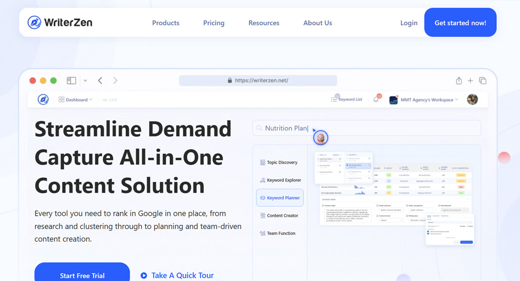 WriterZen keyword research tool dashboard interface