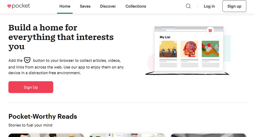 Pocket app interface saving web articles