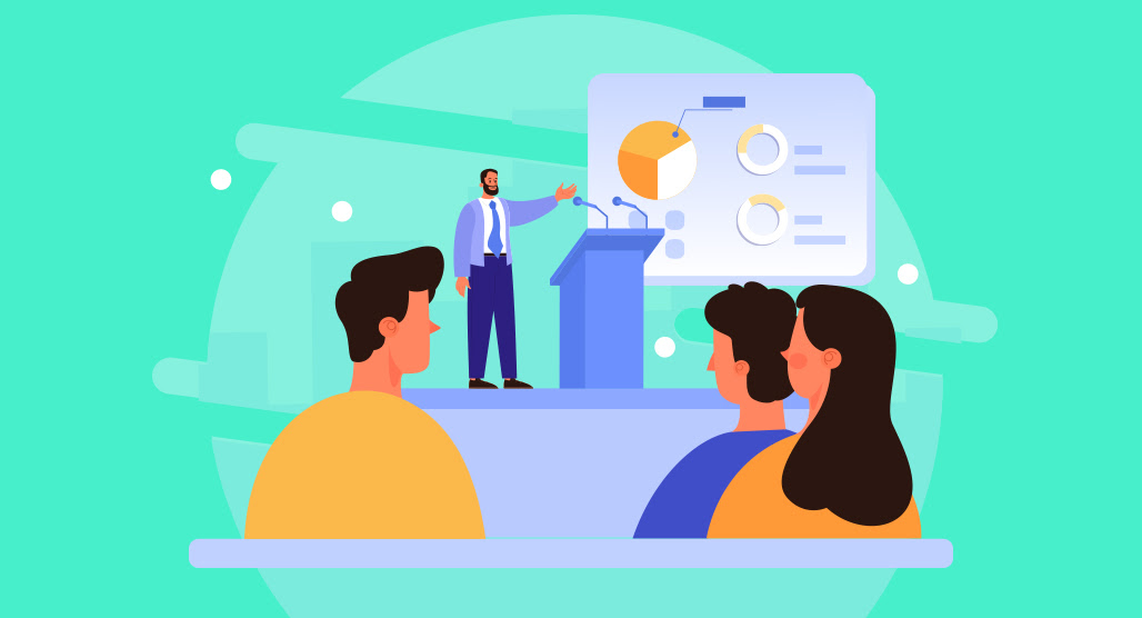 Conference speaker presenting on stage