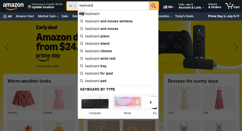 Amazon search bar with keyword types diagram