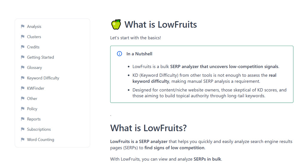 LowFruits keyword tool dashboard interface screenshot