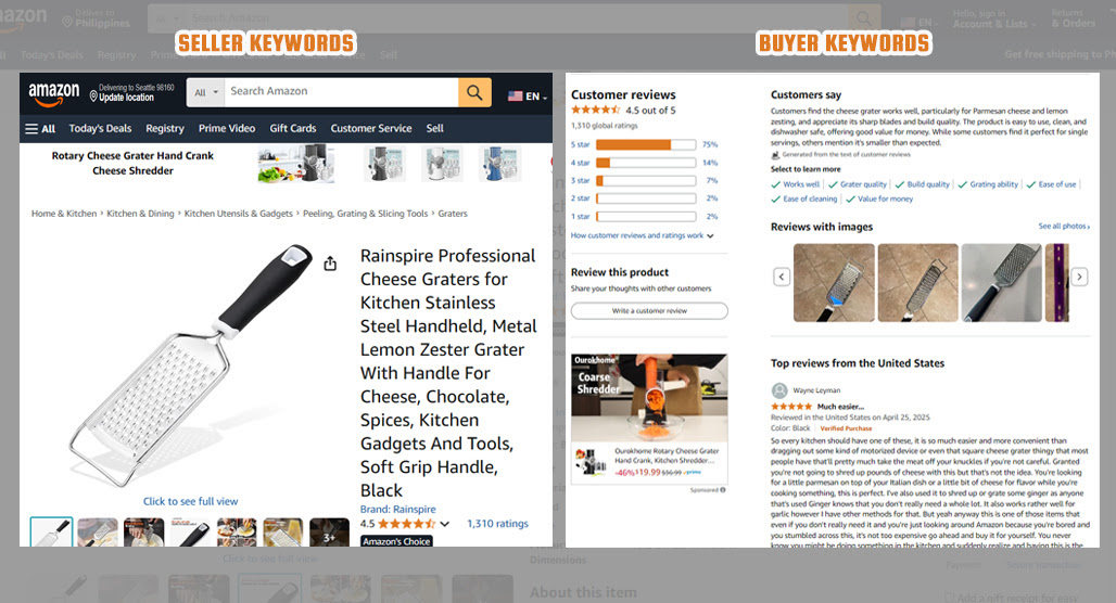 Amazon search bar with keyword types
