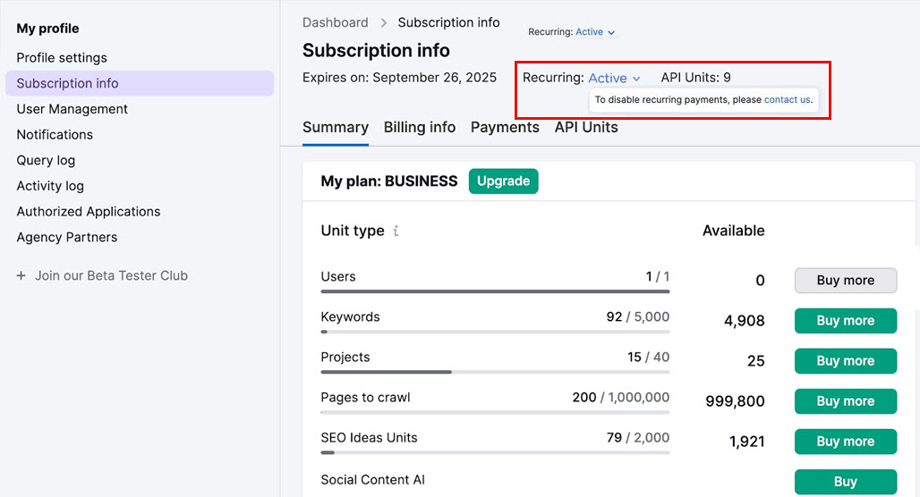 Semrush account cancellation settings page