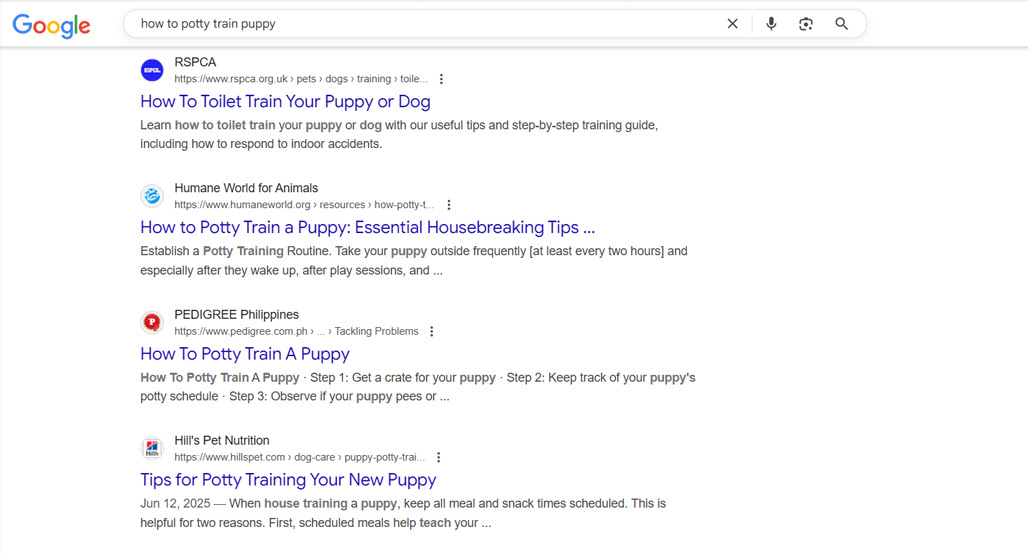 Search results page on a screen