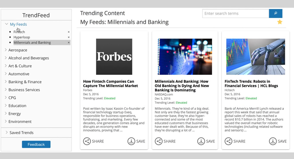 TrendFeed dashboard displaying trending topic feeds