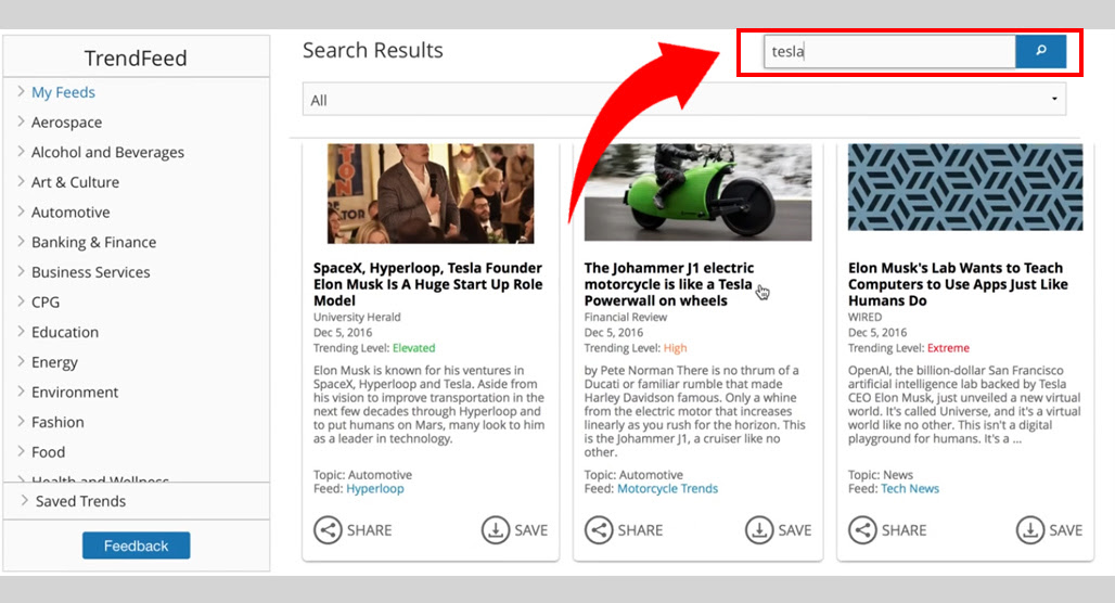 TrendFeed dashboard feed setup interface