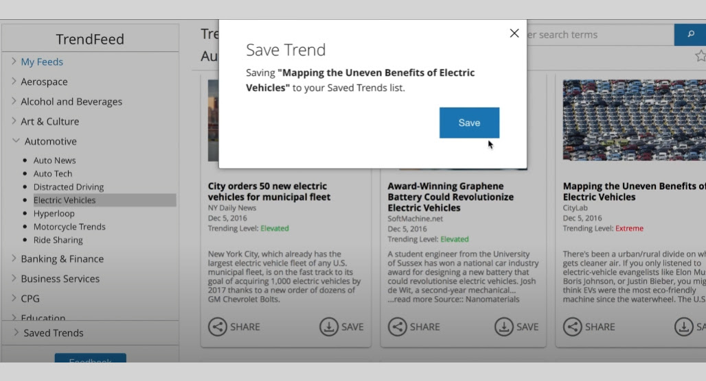 Saving trends in TrendFeed dashboard interface