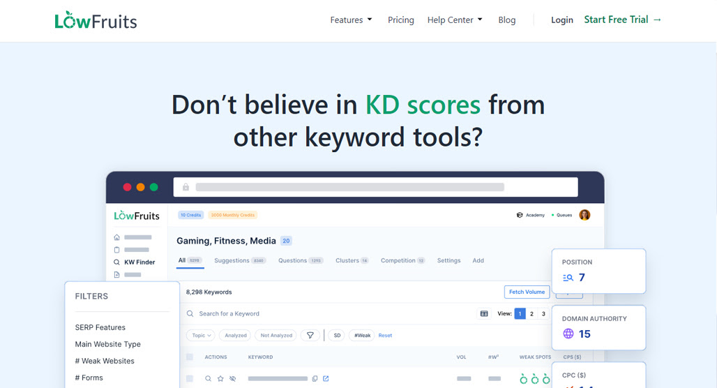 LowFruits keyword research tool dashboard interface